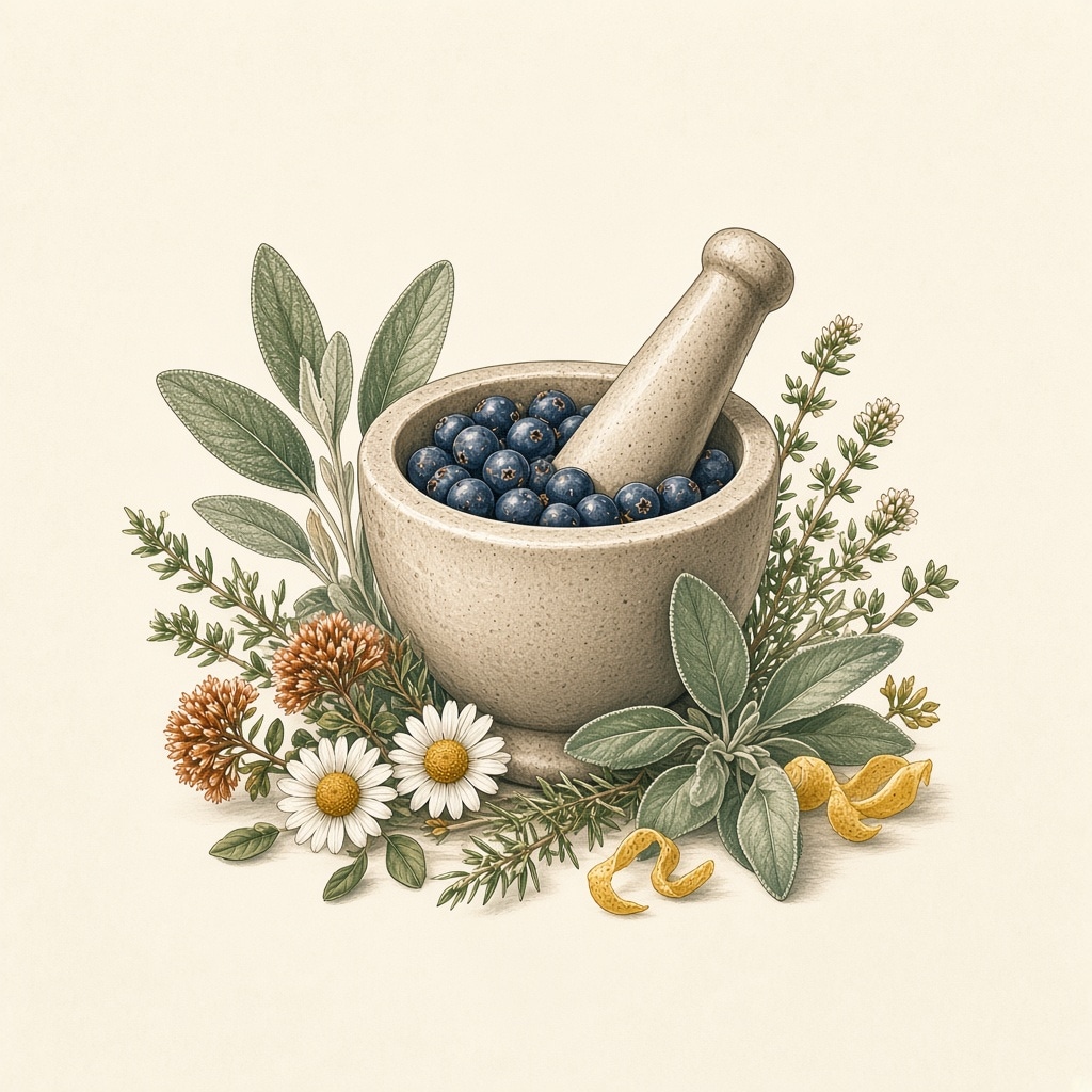 Botaniche aromatiche e bacche di ginepro