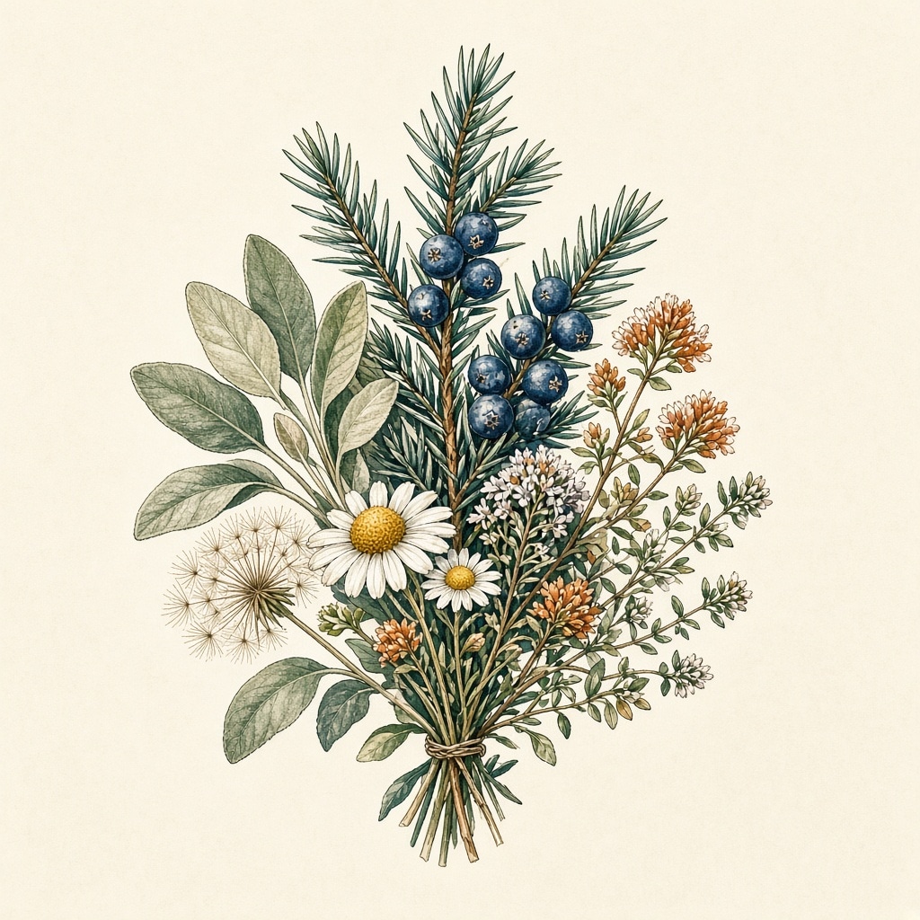 Illustrazione delle botaniche locali: ginepro, salvia, timo e camomilla