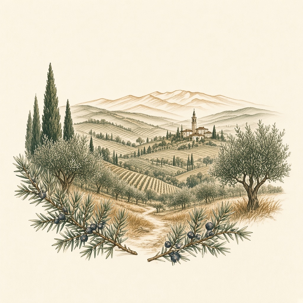 Illustrazione delle colline piemontesi e del borgo di Fresonara